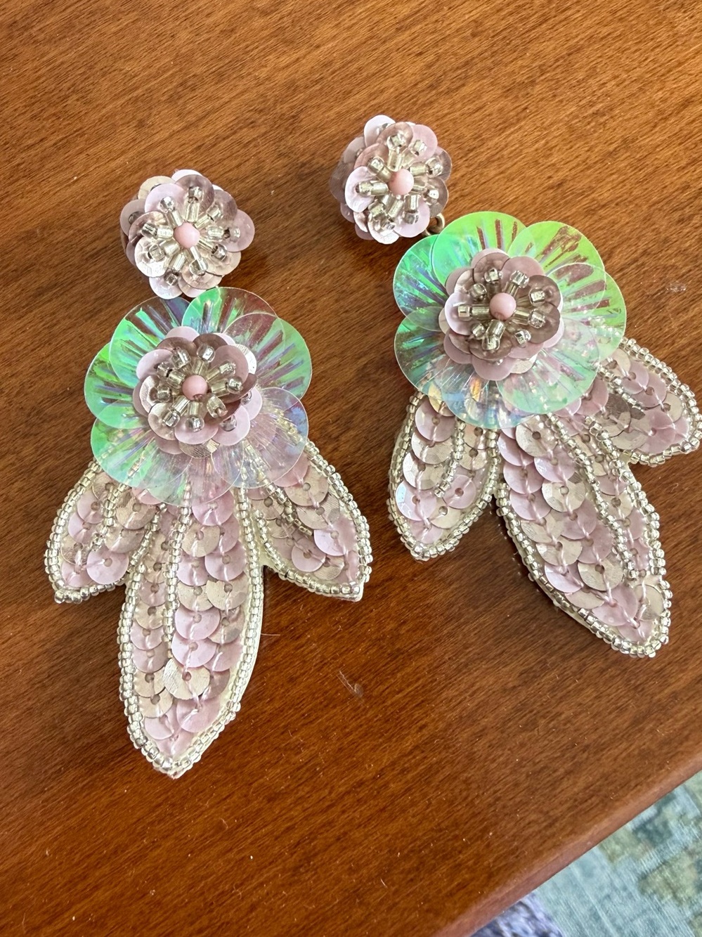 Palest Pink Iridescent Blooming Sequin Floral Earrings